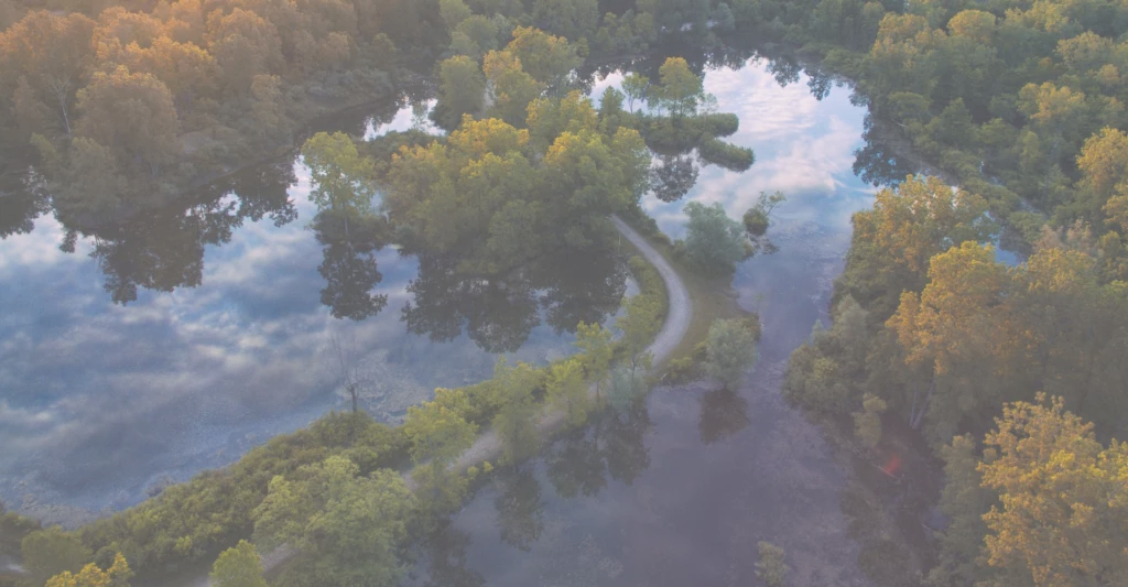 Michigan lake with a path winding through the middle, seen from above. Credit to Aaron Burden on Unsplash.